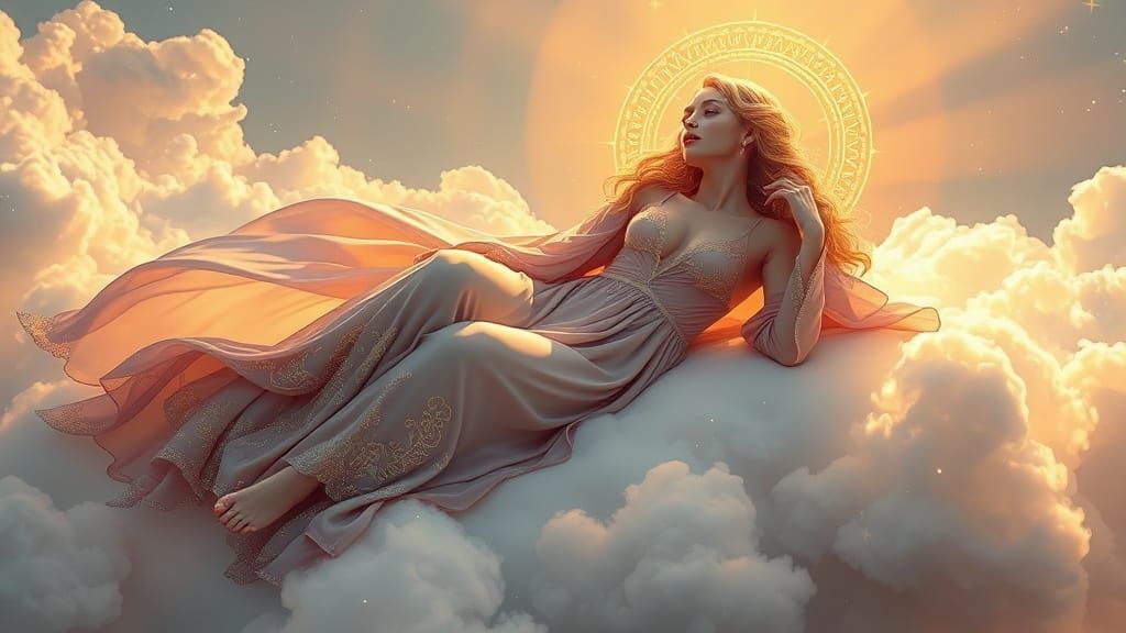 Ethereal Goddess in Golden Light on Luxurious Cloud