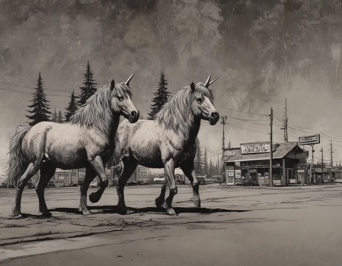 Sasquatch Unicorns Corner Gas cityscape moody Gyotaku comic ...