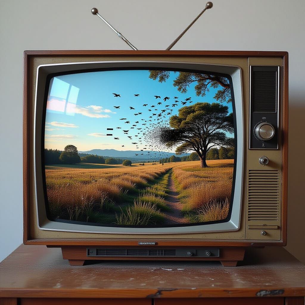 Glitch Art: Landscape Distorted by Static on Old TV