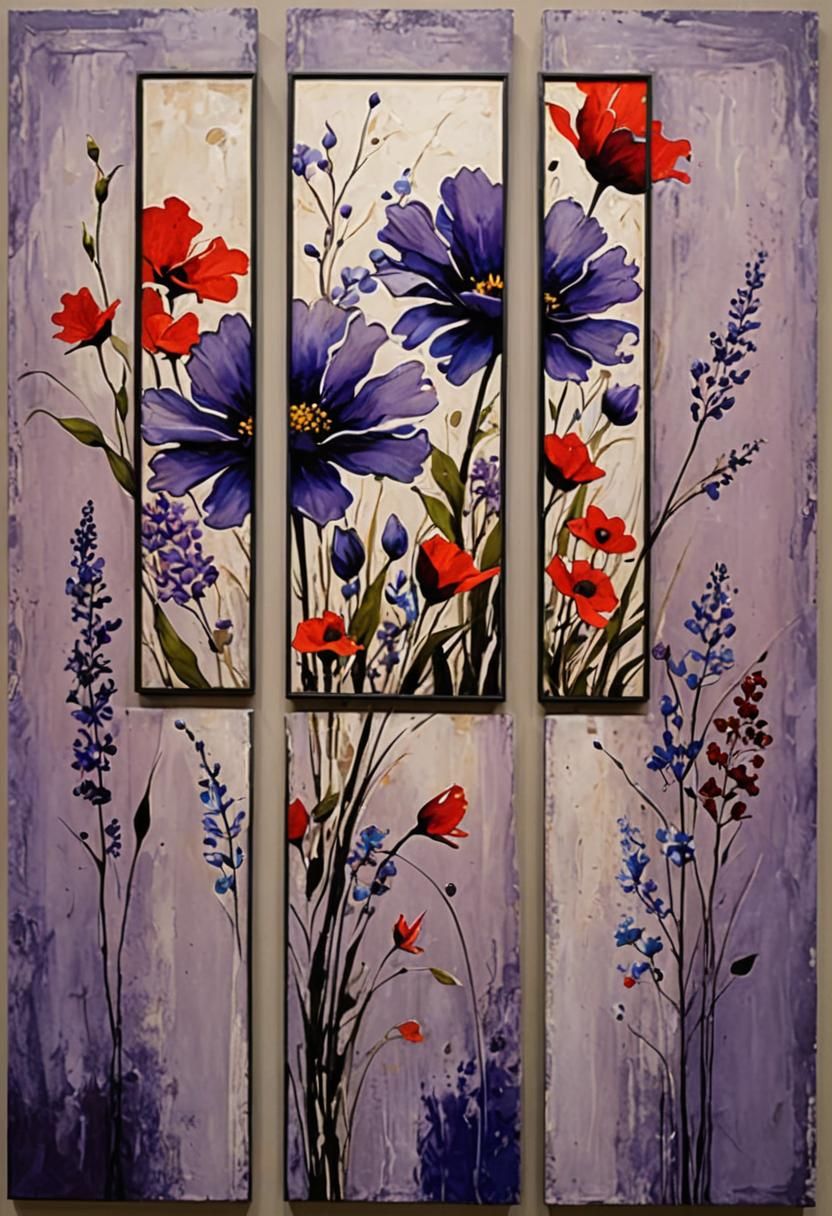 Abstract Floral Triptych on Lilac Wall