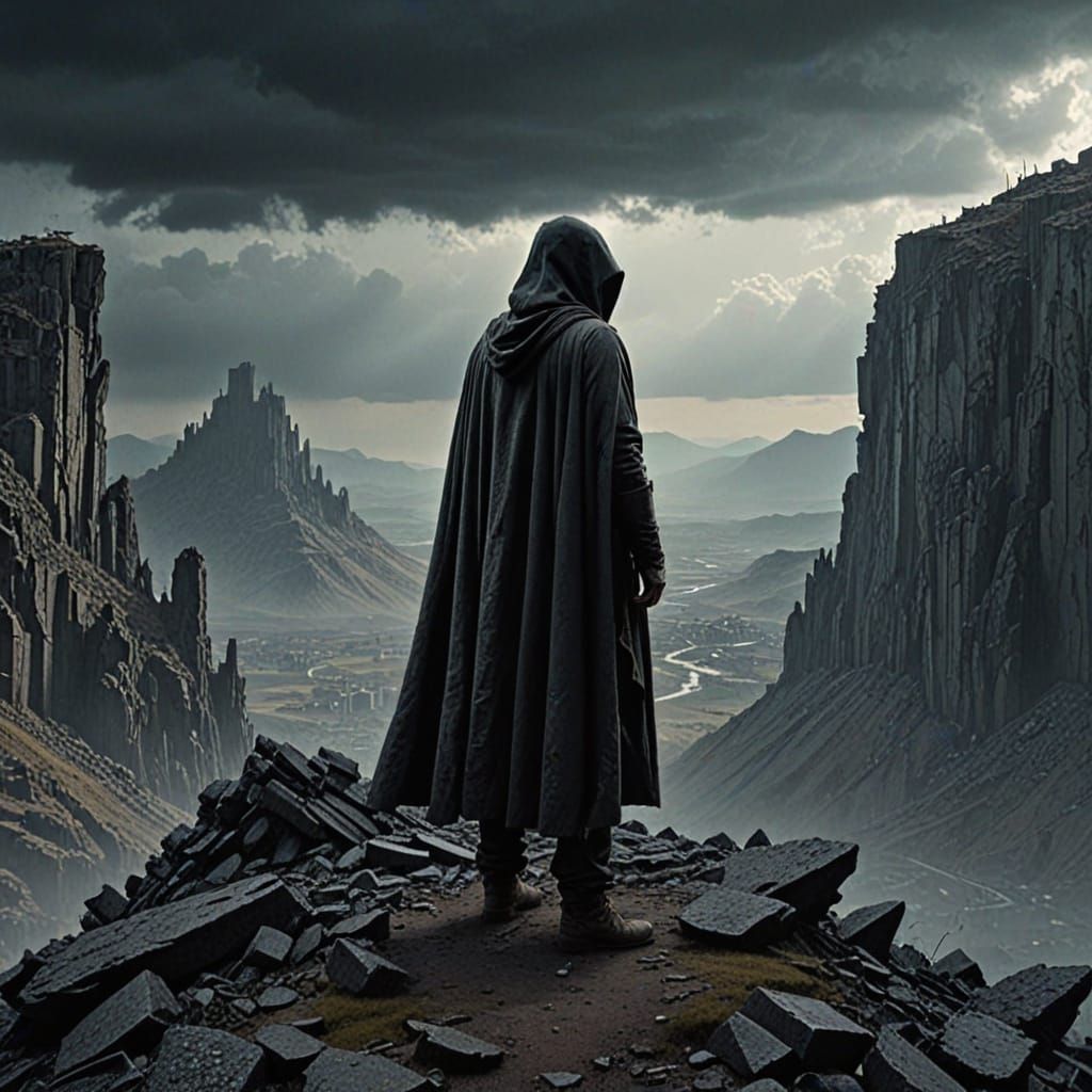 Figure in Guy Fawkes Mask on Desolate Mountains