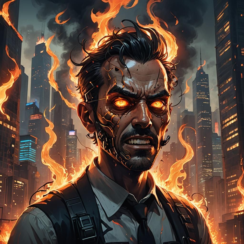 IT Engineer with Flaming Back in Fantasy Art