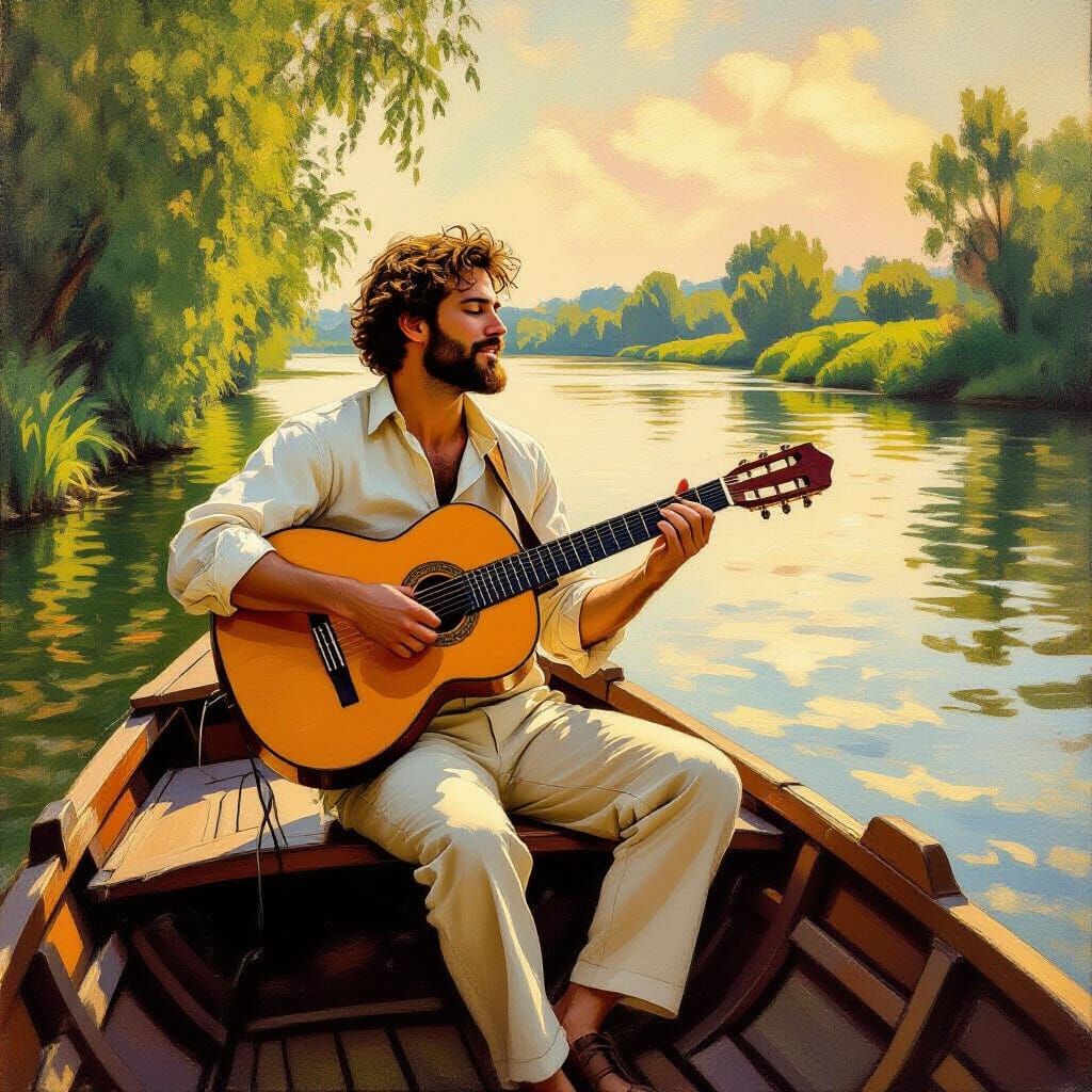 Serene River Scene with Guitarist in Impressionist Style