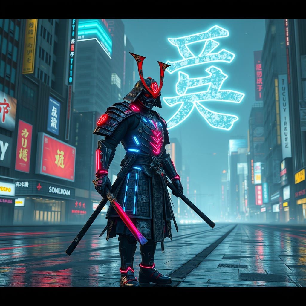 Cyberpunk Samurai Warrior in Futuristic Metropolis