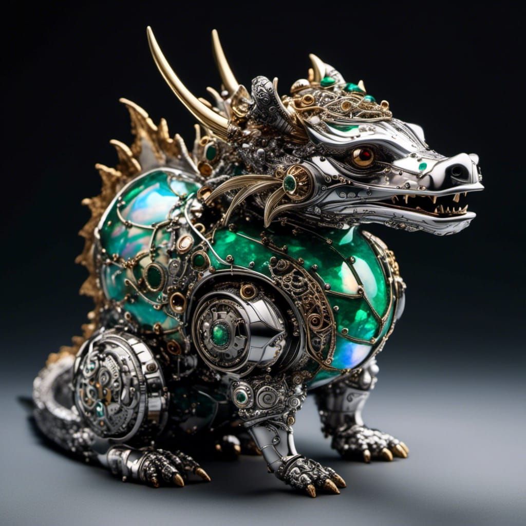 Armored Steampunk Android Dragon with Opal Inlays