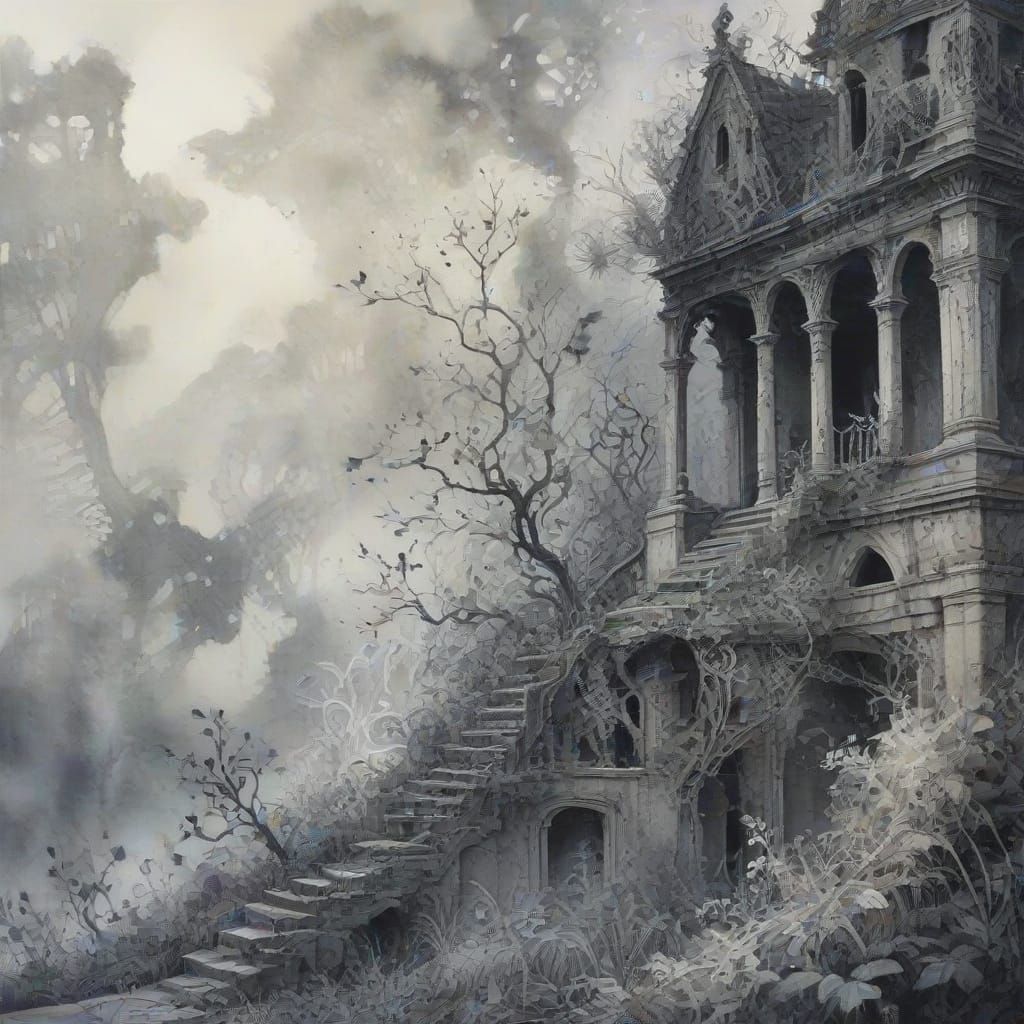 Ethereal Watercolor Ruins with Ghostly Inhabitants