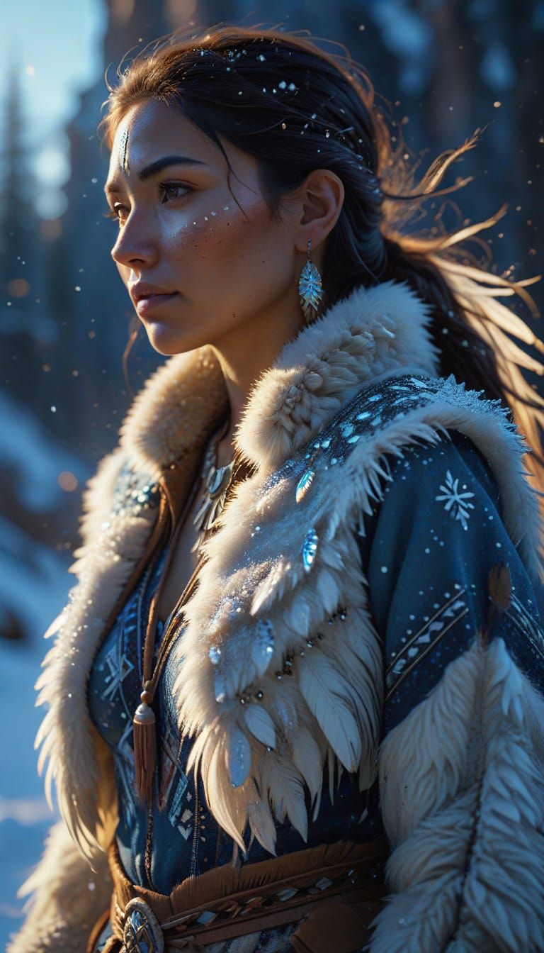 Native American Woman Walking in Winter Snow