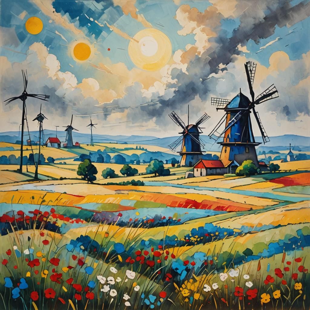 Abstract Windmills in Vast Field, Kandinsky Style