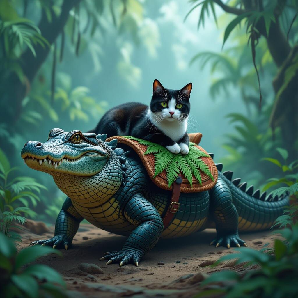 Alligator and Cat in Jungle, Fantasy Concept Art