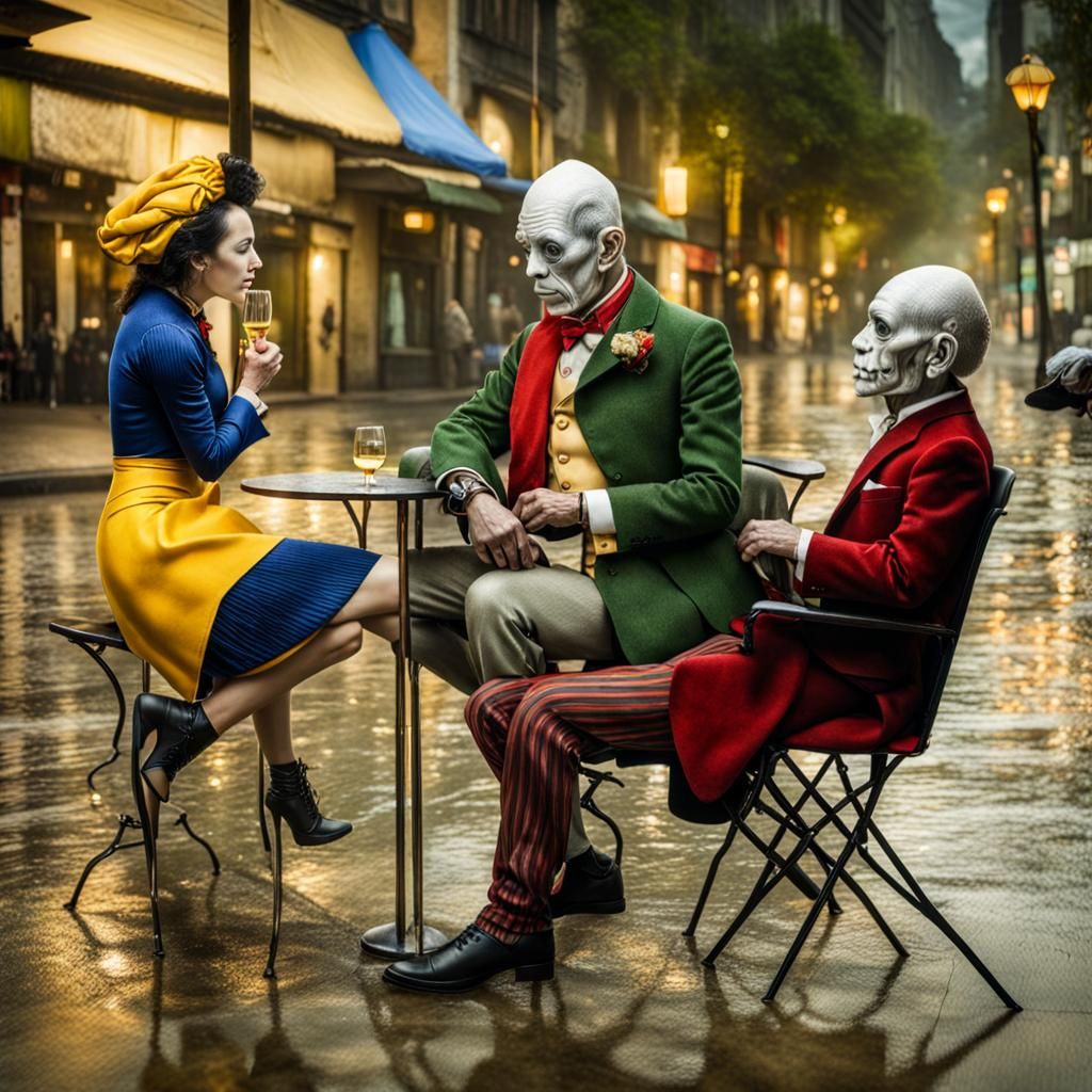 Surreal Restaurant Scene with Beautiful Aliens