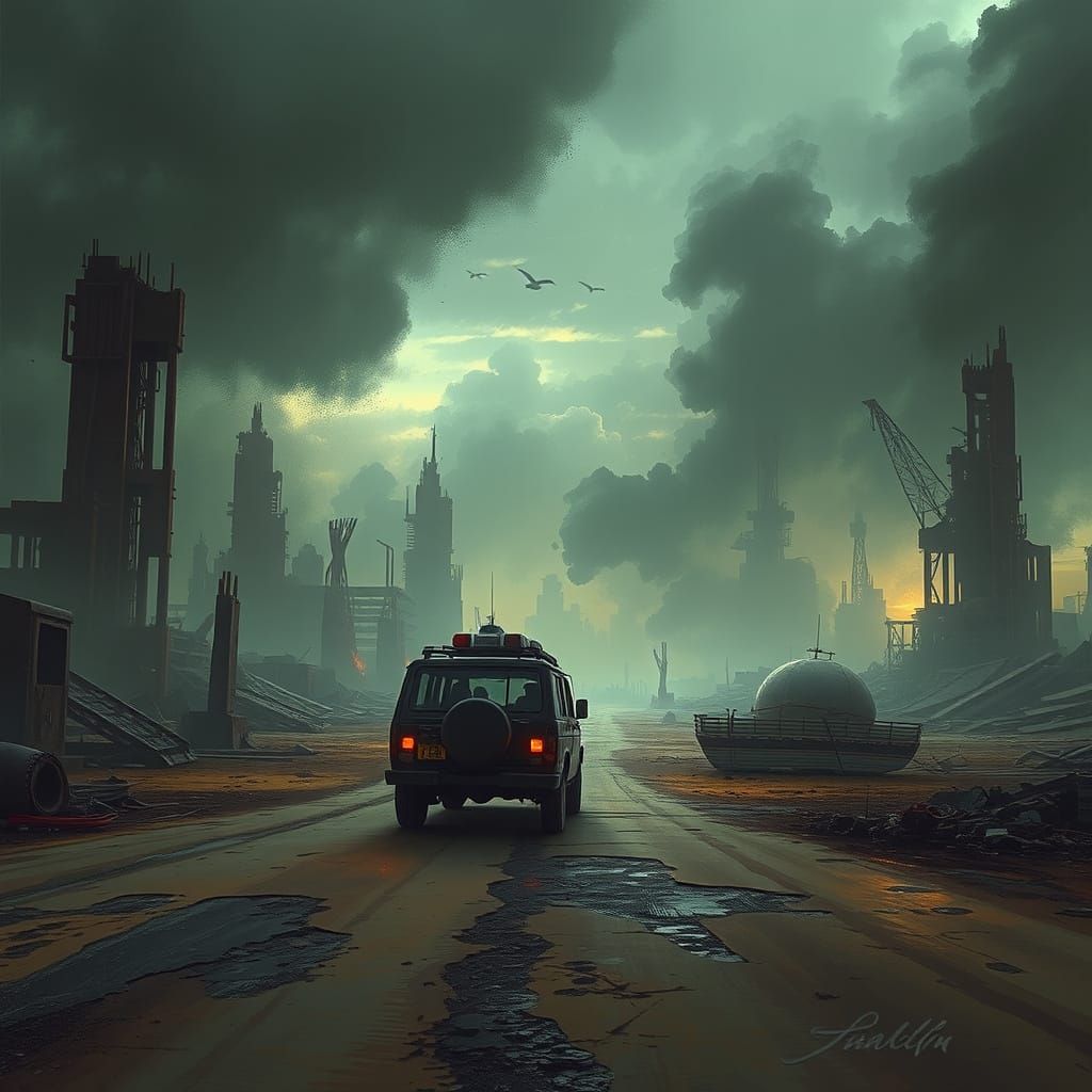 Post-Apocalyptic Vehicle in Wasteland Ruins