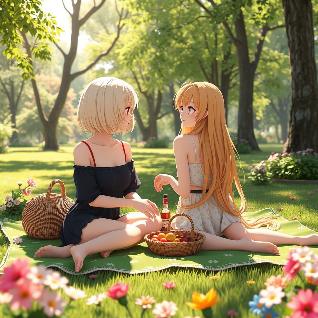Two Friends Enjoy a Serene Park Picnic in Vibrant Realism