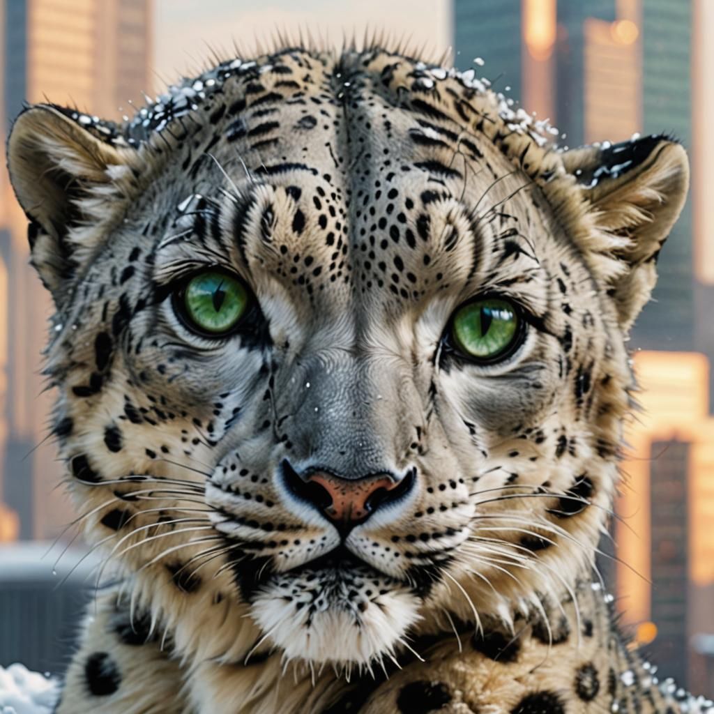 Photorealistic Newborn Snow Leopard Cyborg Near Skyscraper