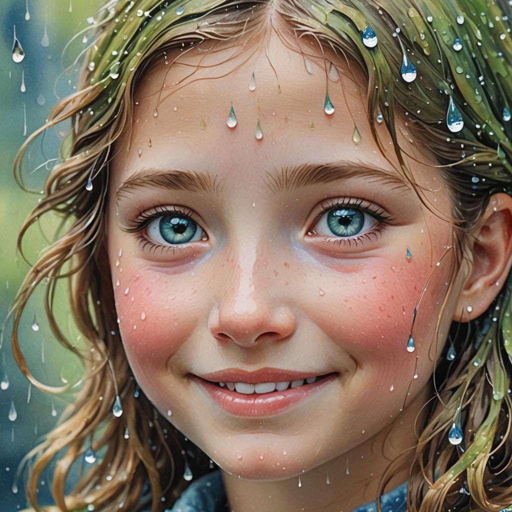 Smiling Girl in Rain: A Whimsical Gouache Painting