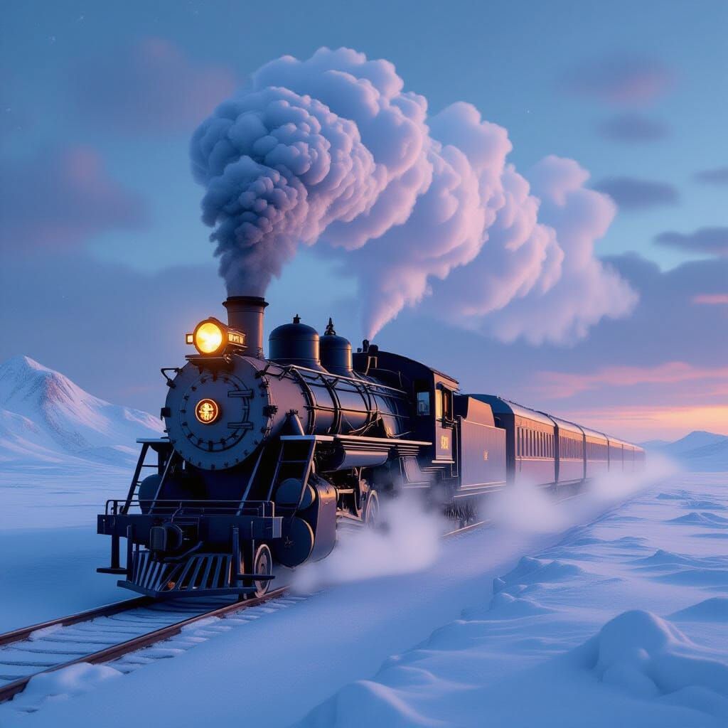 Vintage Steam Train Crossing Snowy Tundra Landscape