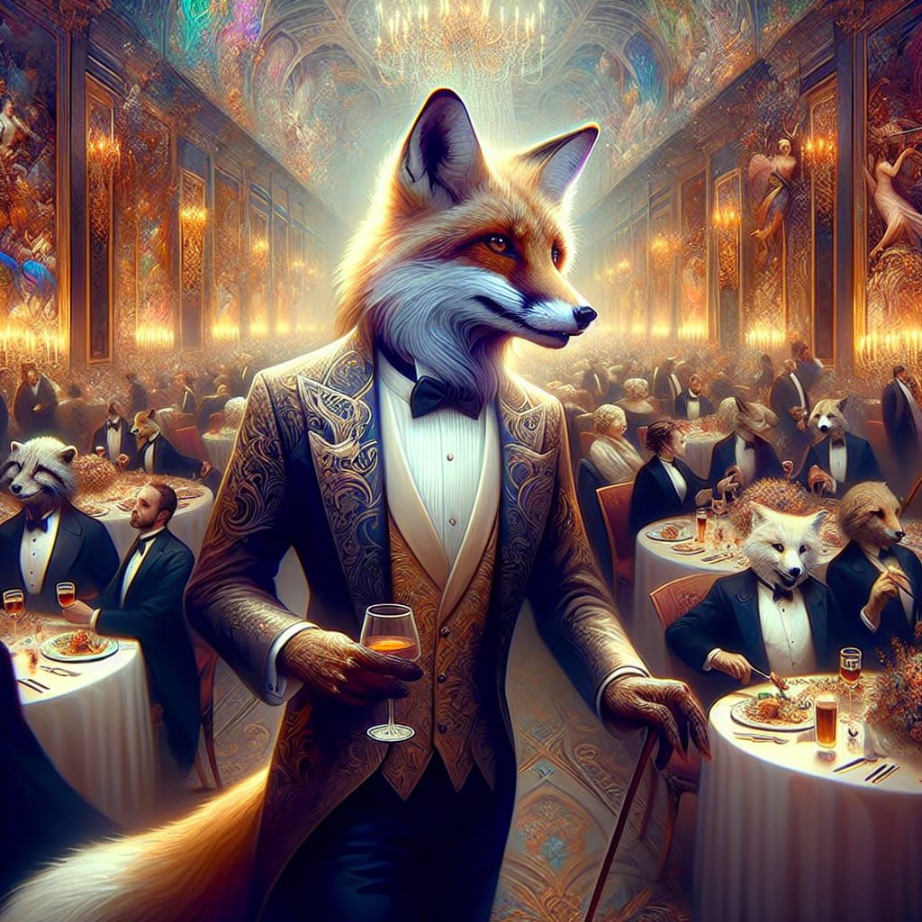 Dapper Fox in Tuxedo at Extravagant Feast