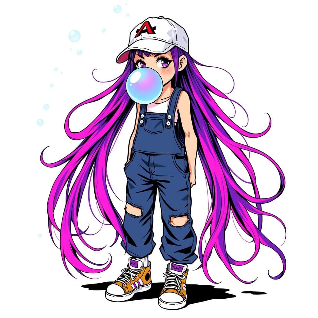 Vibrant Teen Girl Blows Bubble in Edgy DJ Style