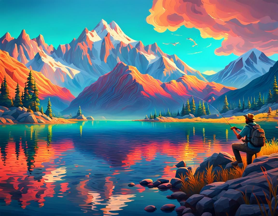 Fisherman at Mountain Lake: 3D Cinematic Oil Painting