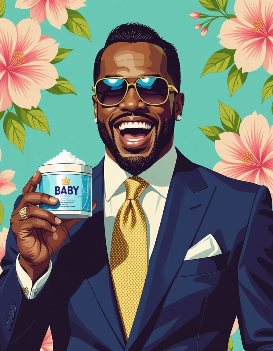 Diddy Smiling with Baby Powder, Contemporary Art Style