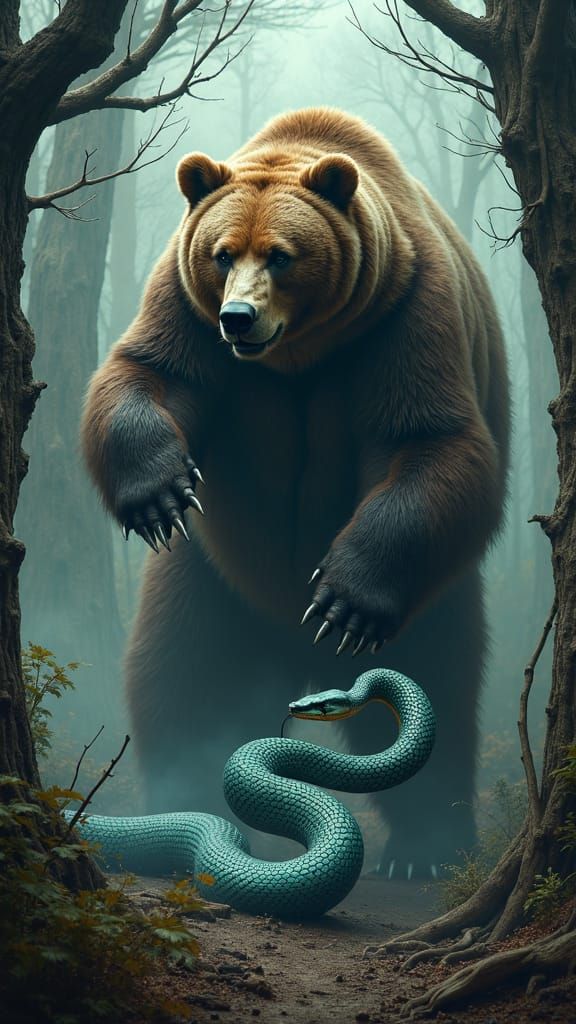 Grizzly Bear vs Cobra in Dark Gothic Fantasy Style