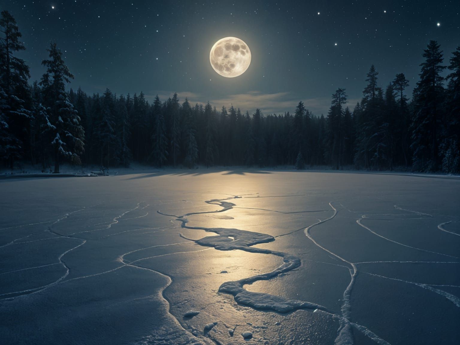 Frozen Lake Under the Glowing Full Moon