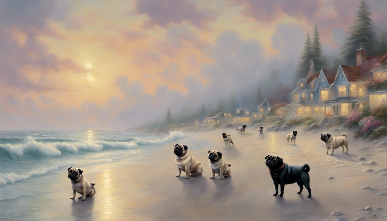 Pugs on the Beach in Ethereal Fantasy Style