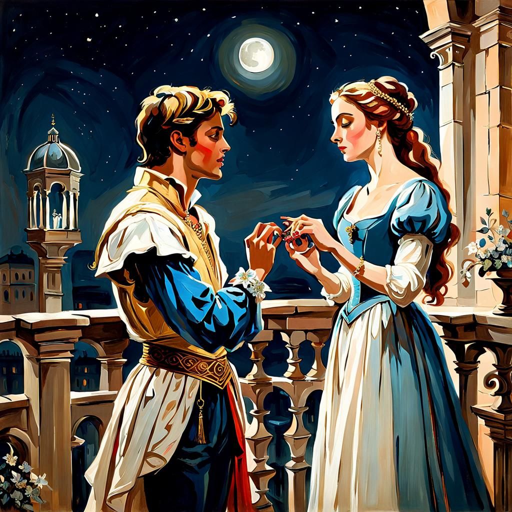 Balcony scene in the style of Romeo and Juliet, by Josephine...