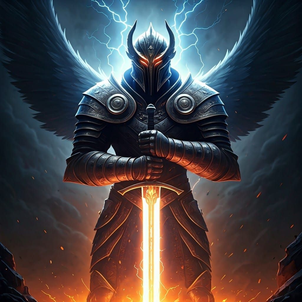 Majestic Warrior Wields Lightning Sword in Epic Storm