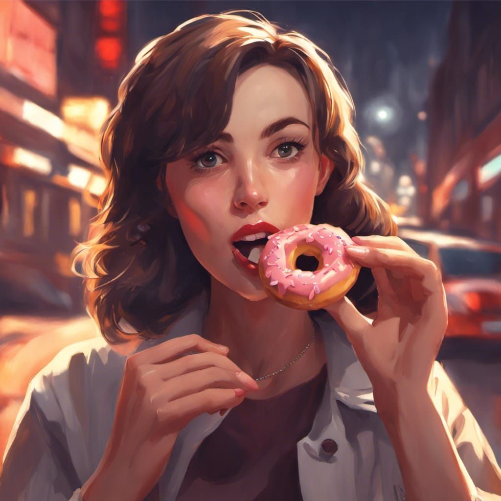Woman Eating Donut in Hyperrealistic Style