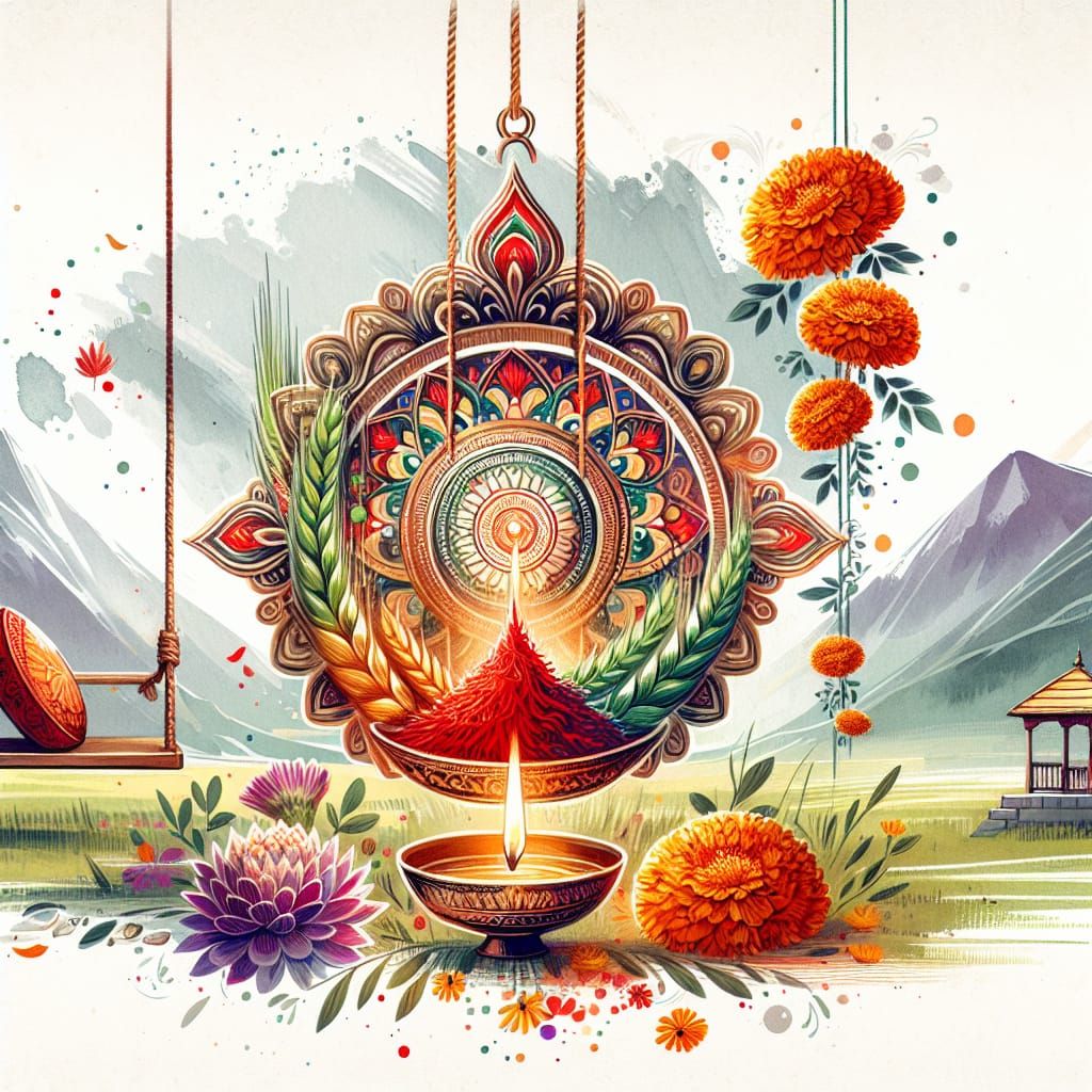 Bijaya Dashami Greeting Card with Tika, Diyo, and Mountains