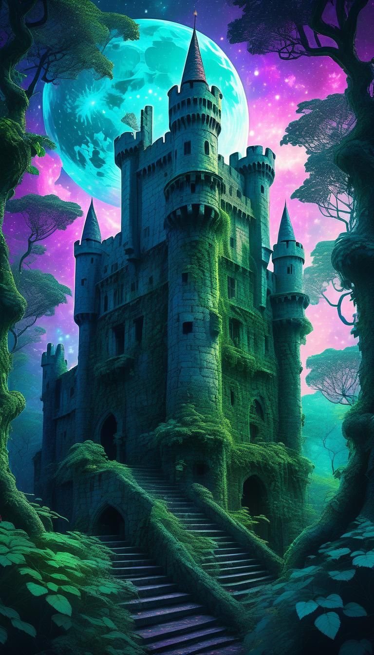 Vine-Covered Castle with Griffins in Astral Illustration