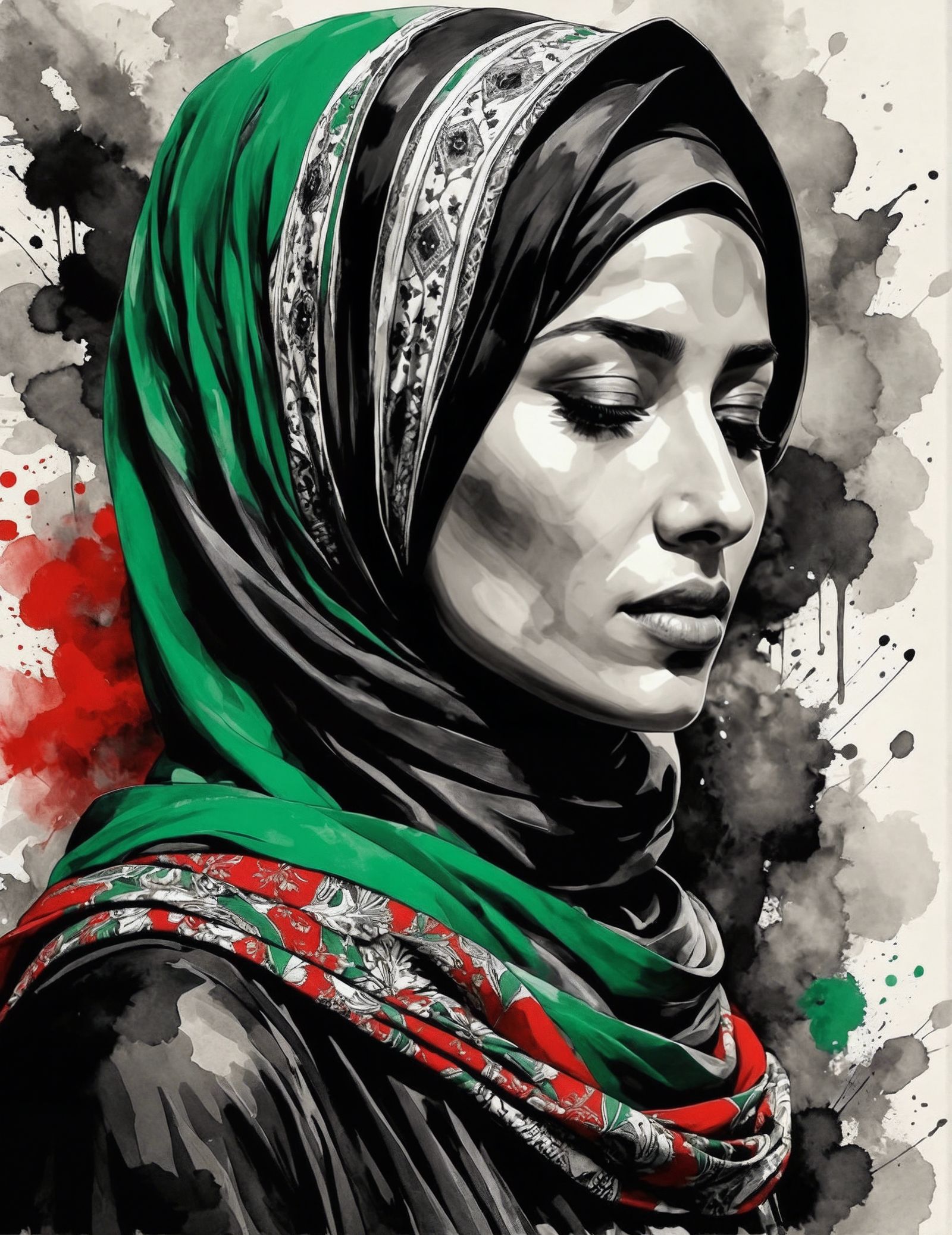 Palestinian Woman Portrait with Hijab in Splash Art Style
