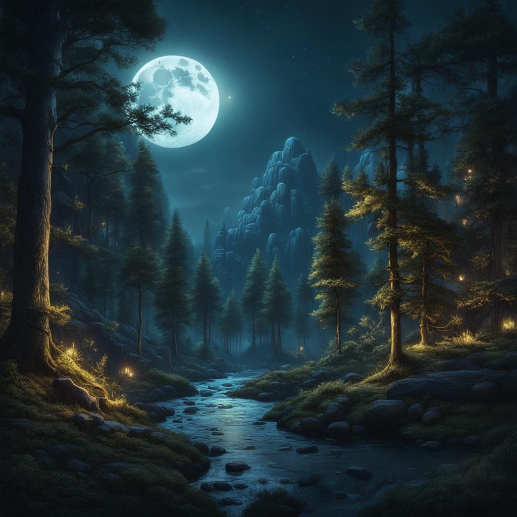 Moonlit Forest: Detailed Fantasy Concept Art