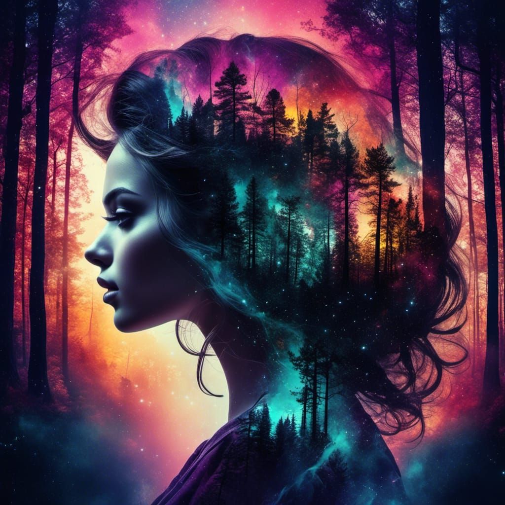 Ethereal Woman with Woods Double Exposure