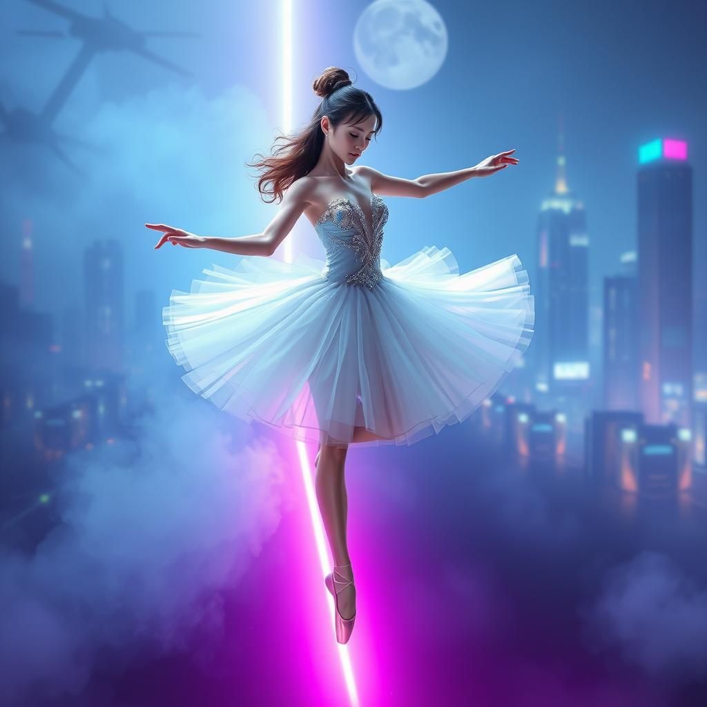 Futuristic Ballerina Dancing on Laser Beam