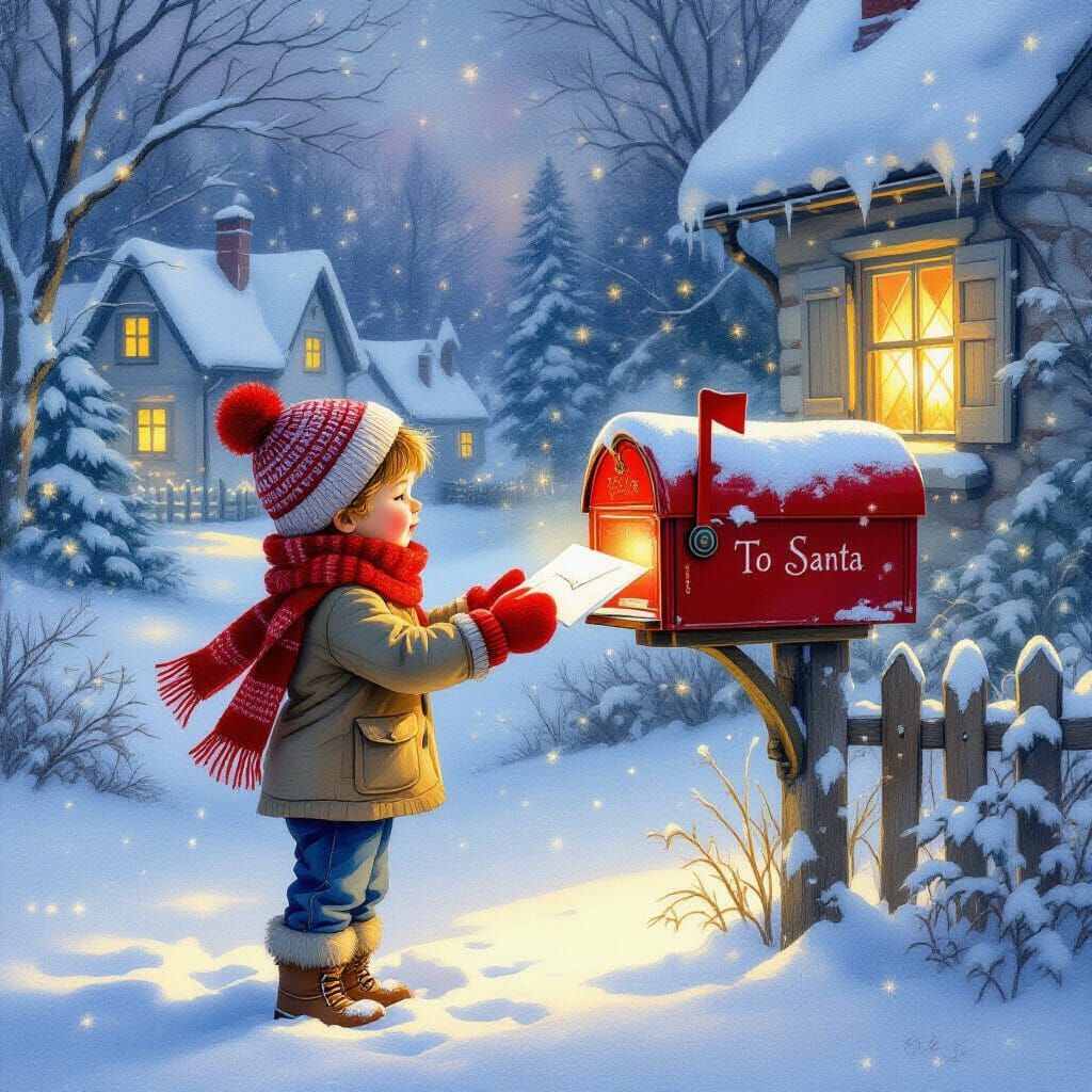 Boy Mailing Letter to Santa in Ethereal Fantasy Scene