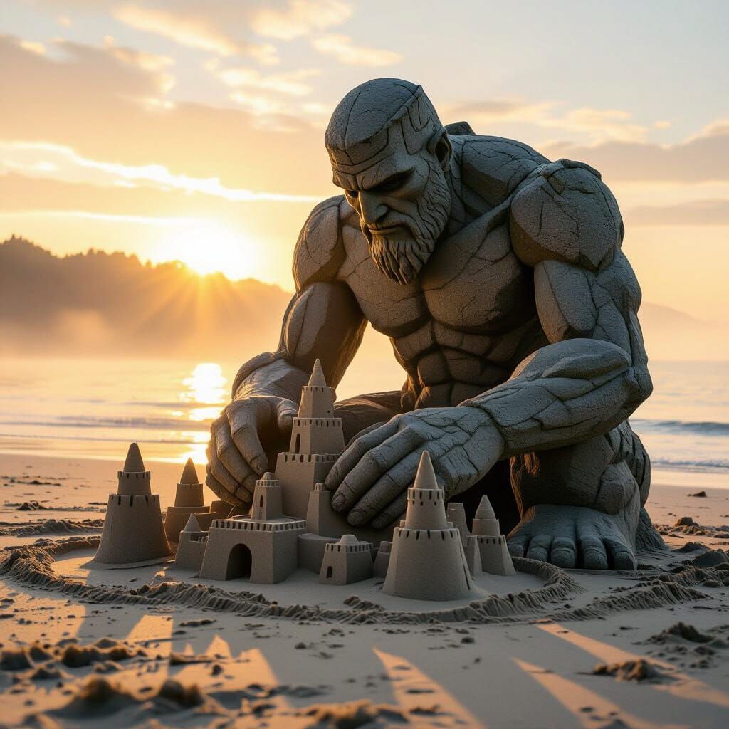 Stone Golem Builds Sandcastles at Dawn