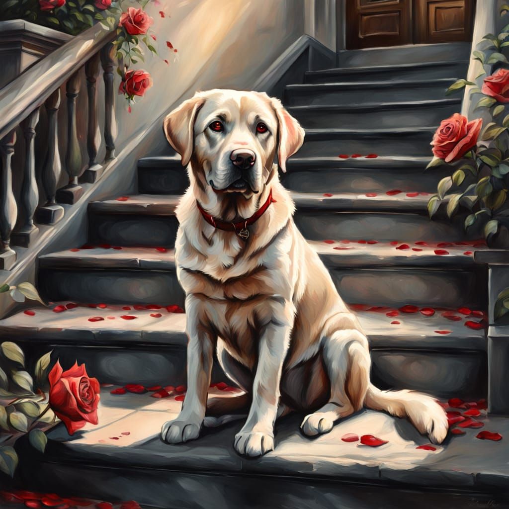 Labrador with Rose: Ethereal Gouache Charcoal Drawing