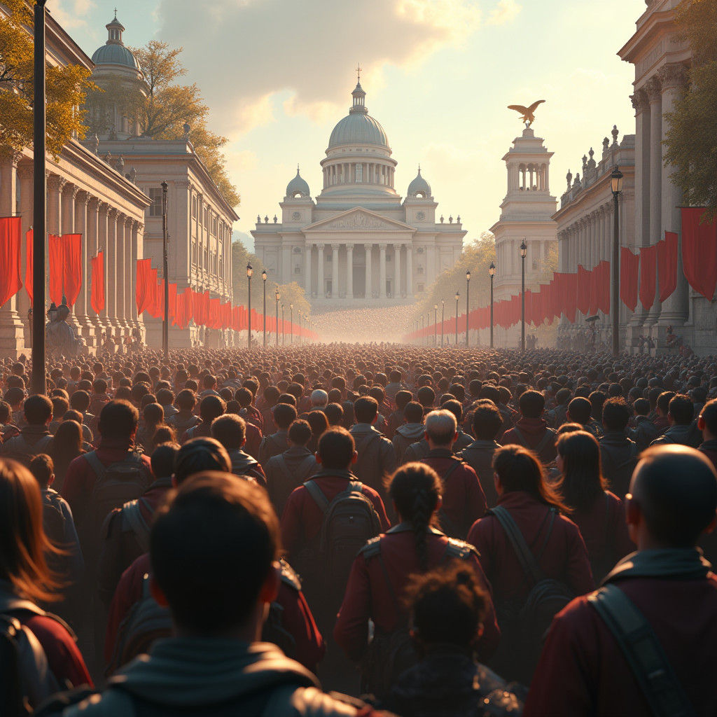 Citizens Unite in City Square, Epic 3D Render