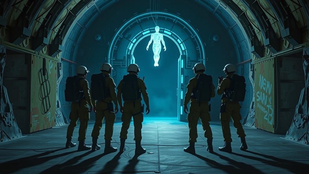 Soldiers Stand Before a Glowing Gate in a Dark Cave