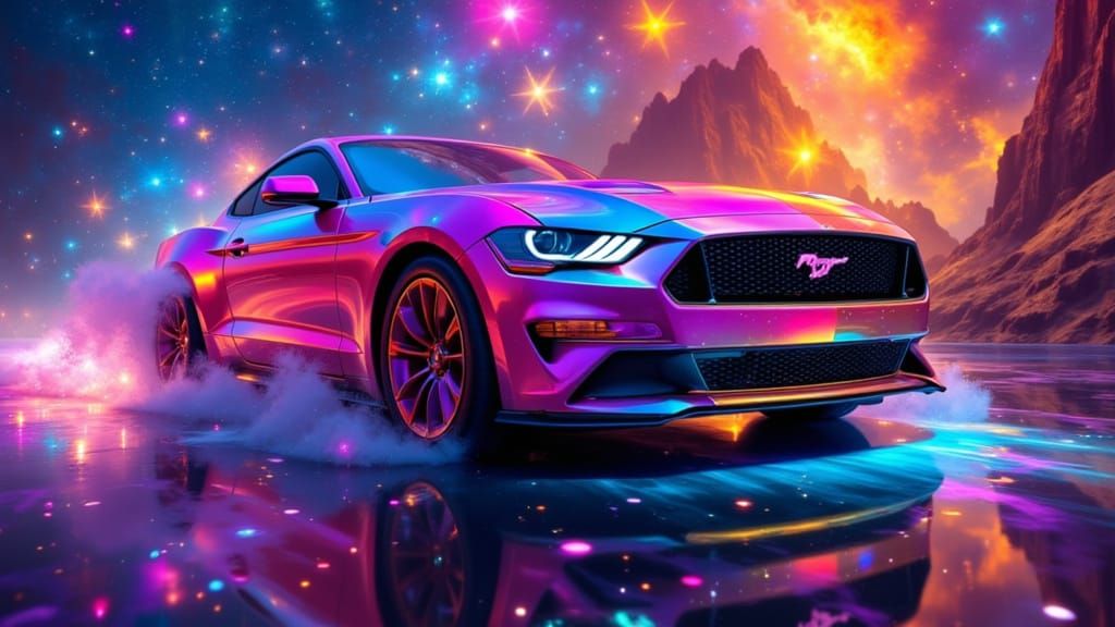 Surreal Cosmic Mustang Speeds on Rainbow Nebula Road in Digi...