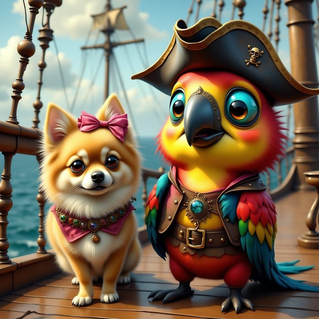Perky Parrot Pirate Walking Dog on Ship Deck