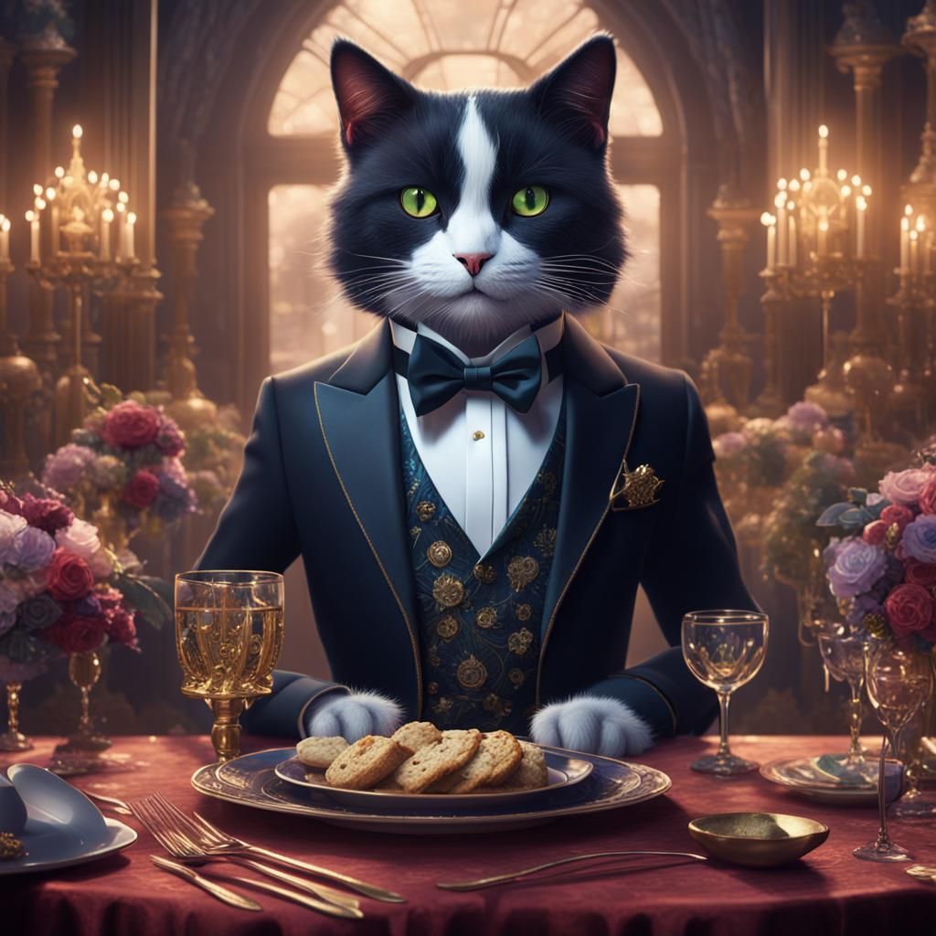 Anthropomorphic Tuxedo Cat at a Fancy Party