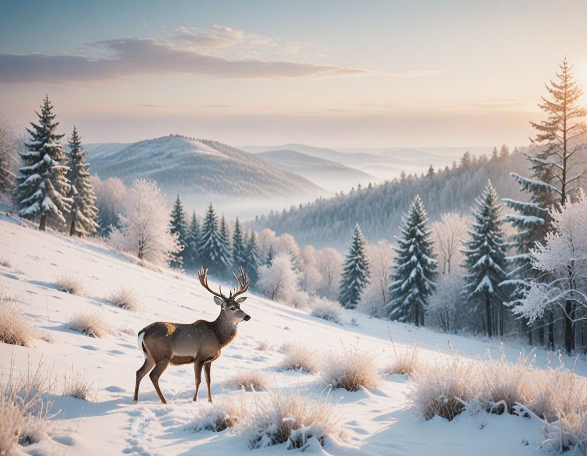 Impressionist Winter Scene of a Deer in Serene Forest Landsc...