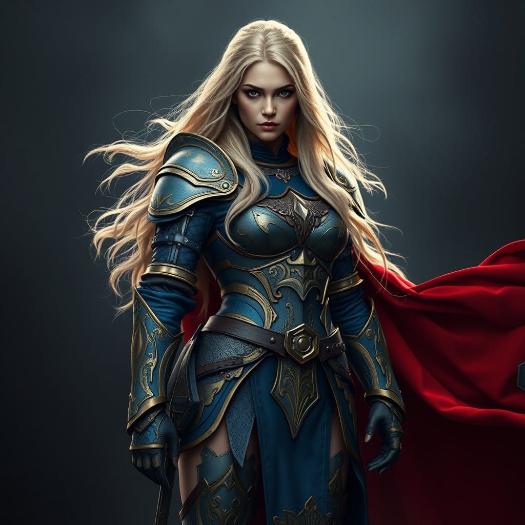 Epic Fantasy Warrior Woman in Medieval Blue and Gold Armor