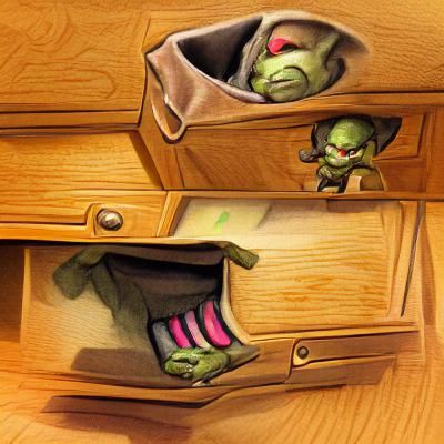 Cartoon Goblin Hiding in a Sock Drawer