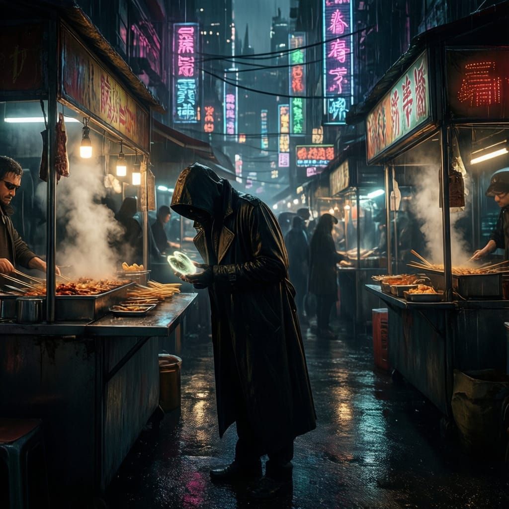 Cyberpunk Street Market at Night with Glowing Artifact