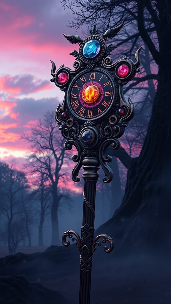 Ethereal Dusk Staff with Swirling Clockwork and Glowing Rune...