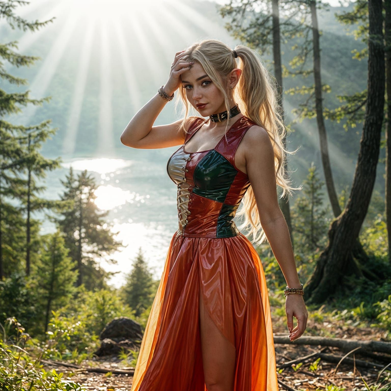 Hyperrealistic Elf Woman as Harley Quinn in Forest