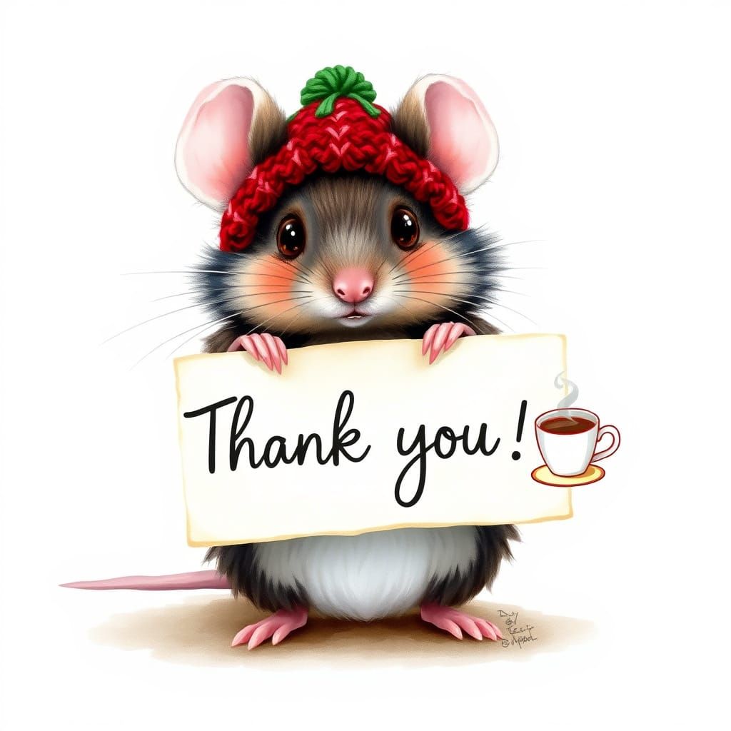 Mouse with Beanie Holding Thank You Sign